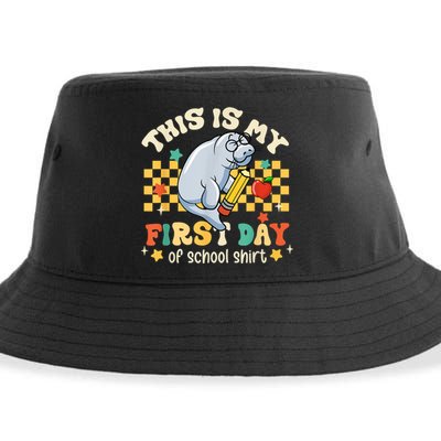Groovy This Is My First Day Of School Funny Manatee Gifts Sustainable Bucket Hat