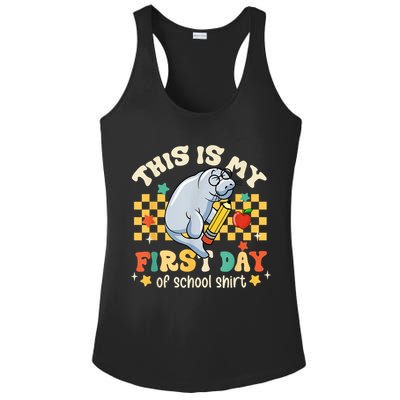 Groovy This Is My First Day Of School Funny Manatee Gifts Ladies PosiCharge Competitor Racerback Tank