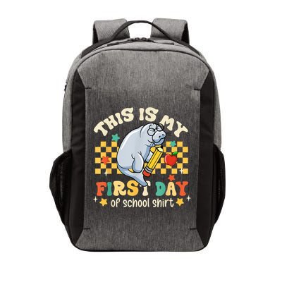 Groovy This Is My First Day Of School Funny Manatee Gifts Vector Backpack