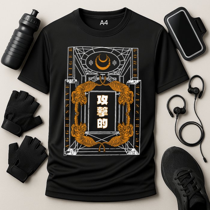 Golden Tigers Japanese Text Aggressive Performance Shirt
