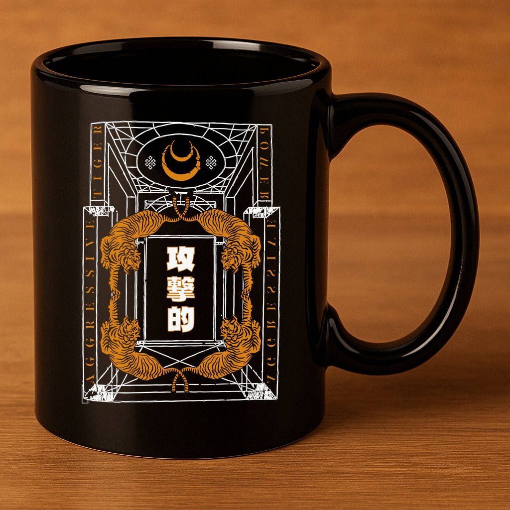 Golden Tigers Japanese Text Aggressive 11oz C Handle Ceramic Mug