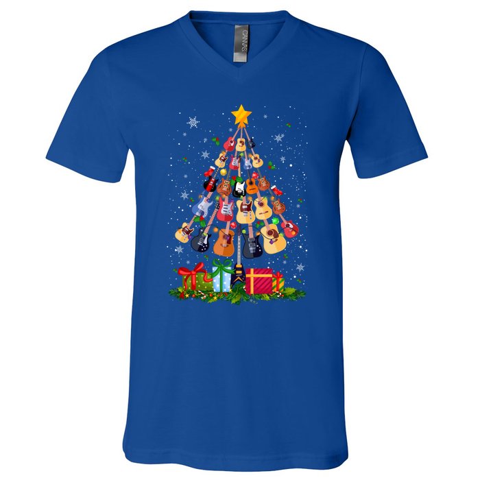 Guitar Tree Lights Christmas Pajamas Guitar Lovers Xmas Gift V-Neck T-Shirt