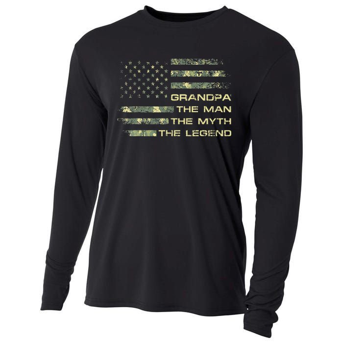 Grandpa The Man The Myth The Legend Fathers Day Camo US Flag Cooling Performance Long Sleeve Crew