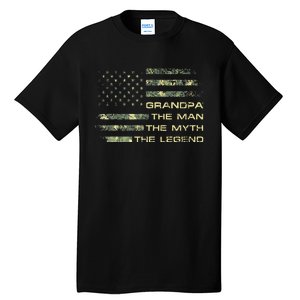 Grandpa The Man The Myth The Legend Fathers Day Camo US Flag Tall T-Shirt