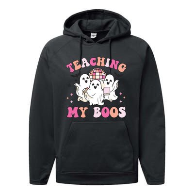 Groovy Teaching My Boos Crew Funny Ghost Halloween Teacher Performance Fleece Hoodie