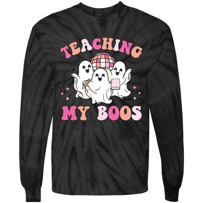 Groovy Teaching My Boos Crew Funny Ghost Halloween Teacher Tie-Dye Long Sleeve Shirt