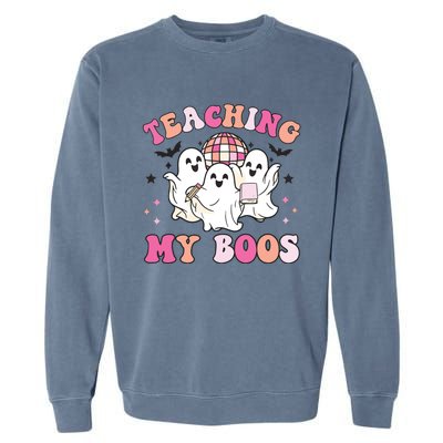 Groovy Teaching My Boos Crew Funny Ghost Halloween Teacher Garment-Dyed Sweatshirt