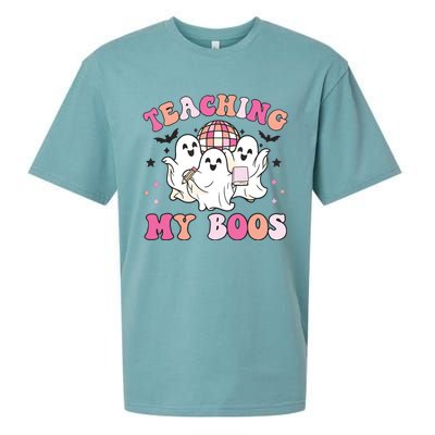 Groovy Teaching My Boos Crew Funny Ghost Halloween Teacher Sueded Cloud Jersey T-Shirt