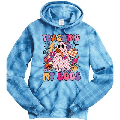 Groovy Teaching My Boos Disco Ball Ghost Halloween Teacher Tie Dye Hoodie