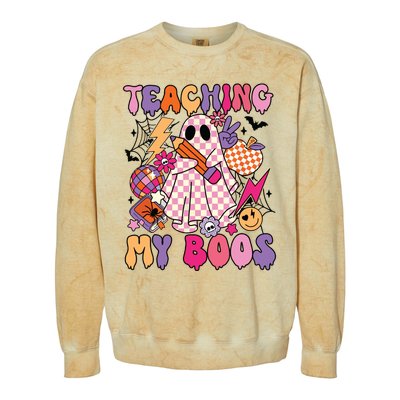 Groovy Teaching My Boos Disco Ball Ghost Halloween Teacher Colorblast Crewneck Sweatshirt