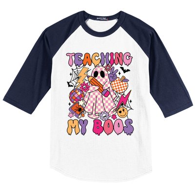 Groovy Teaching My Boos Disco Ball Ghost Halloween Teacher Baseball Sleeve Shirt