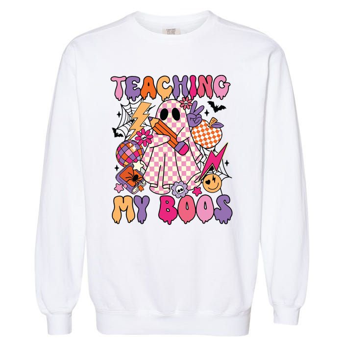 Groovy Teaching My Boos Disco Ball Ghost Halloween Teacher Garment-Dyed Sweatshirt