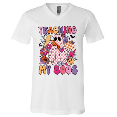 Groovy Teaching My Boos Disco Ball Ghost Halloween Teacher V-Neck T-Shirt