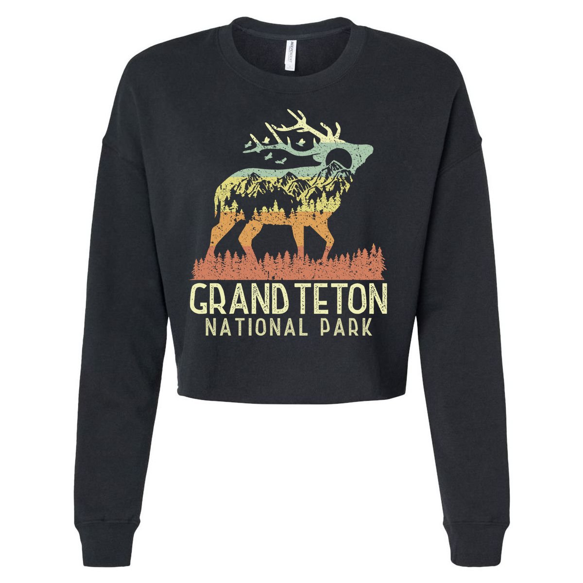 Grand Teton National Park Retro Mountain Vintage Elk Gift Cropped Pullover Crew