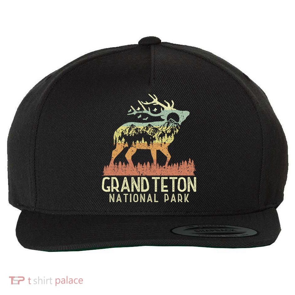 Grand Teton National Park Retro Mountain Vintage Elk Gift Wool Snapback Cap