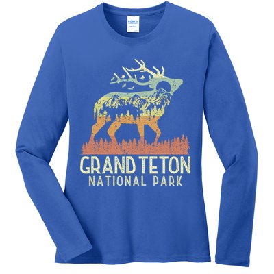 Grand Teton National Park Retro Mountain Vintage Elk Gift Ladies Long Sleeve Shirt