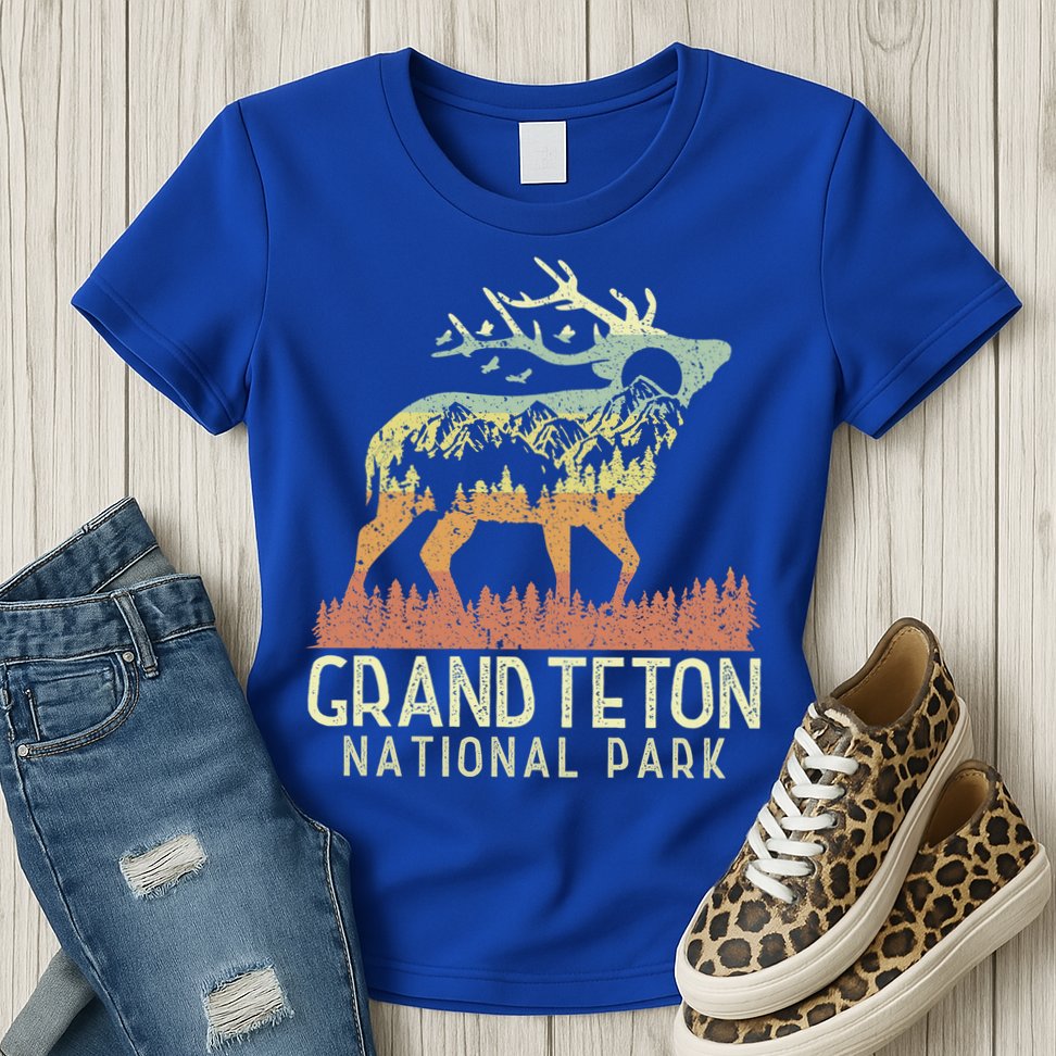 Grand Teton National Park Retro Mountain Vintage Elk Gift Womens T-Shirt