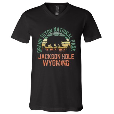 Grand Teton National Park Jackson Hole Wyoming Bear Vintage V-Neck T-Shirt