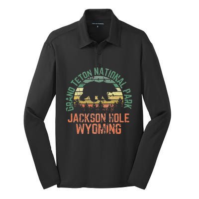 Grand Teton National Park Jackson Hole Wyoming Bear Vintage Silk Touch Performance Long Sleeve Polo