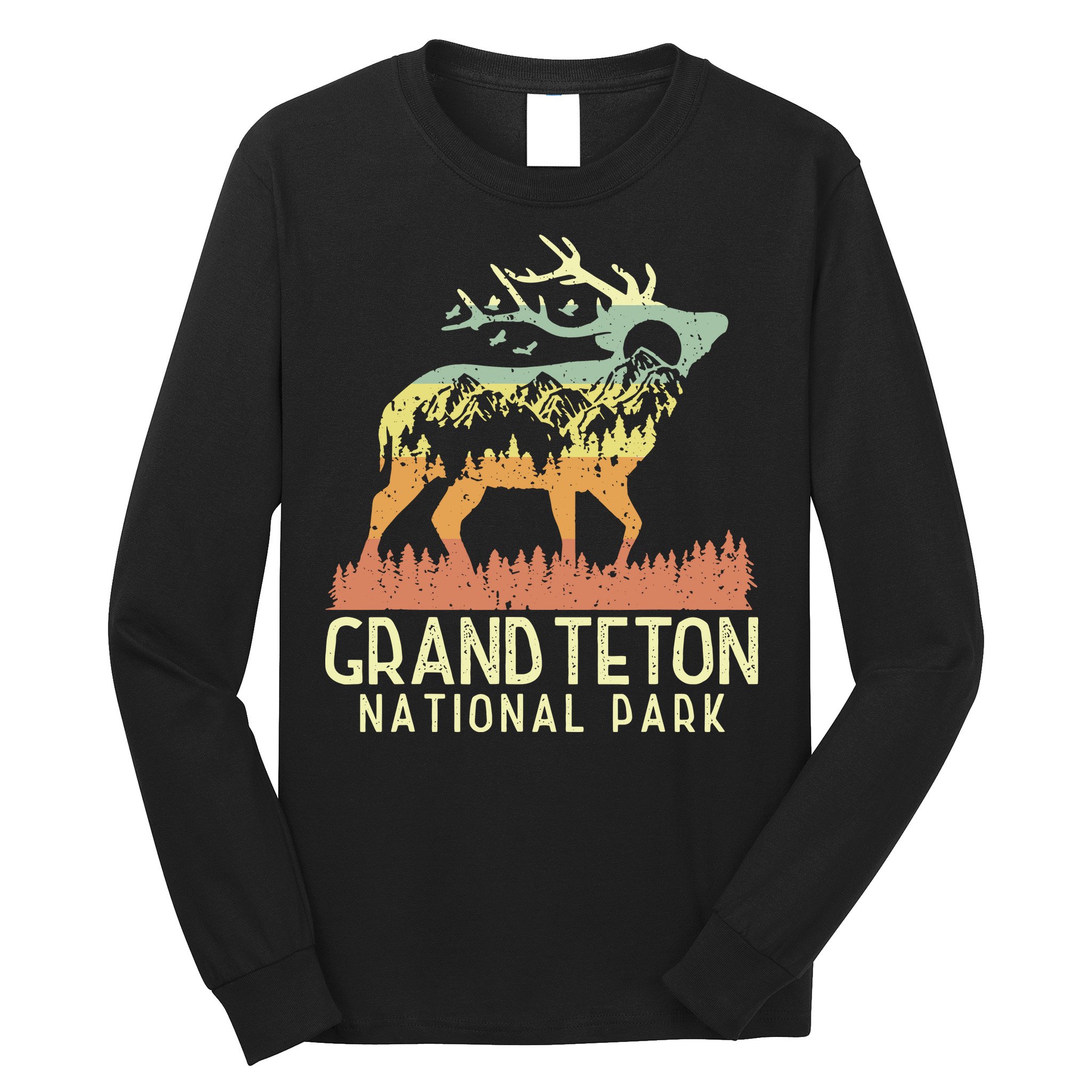 Grand Teton National Park Retro Mountain Vintage Elk Gift Long Sleeve Shirt