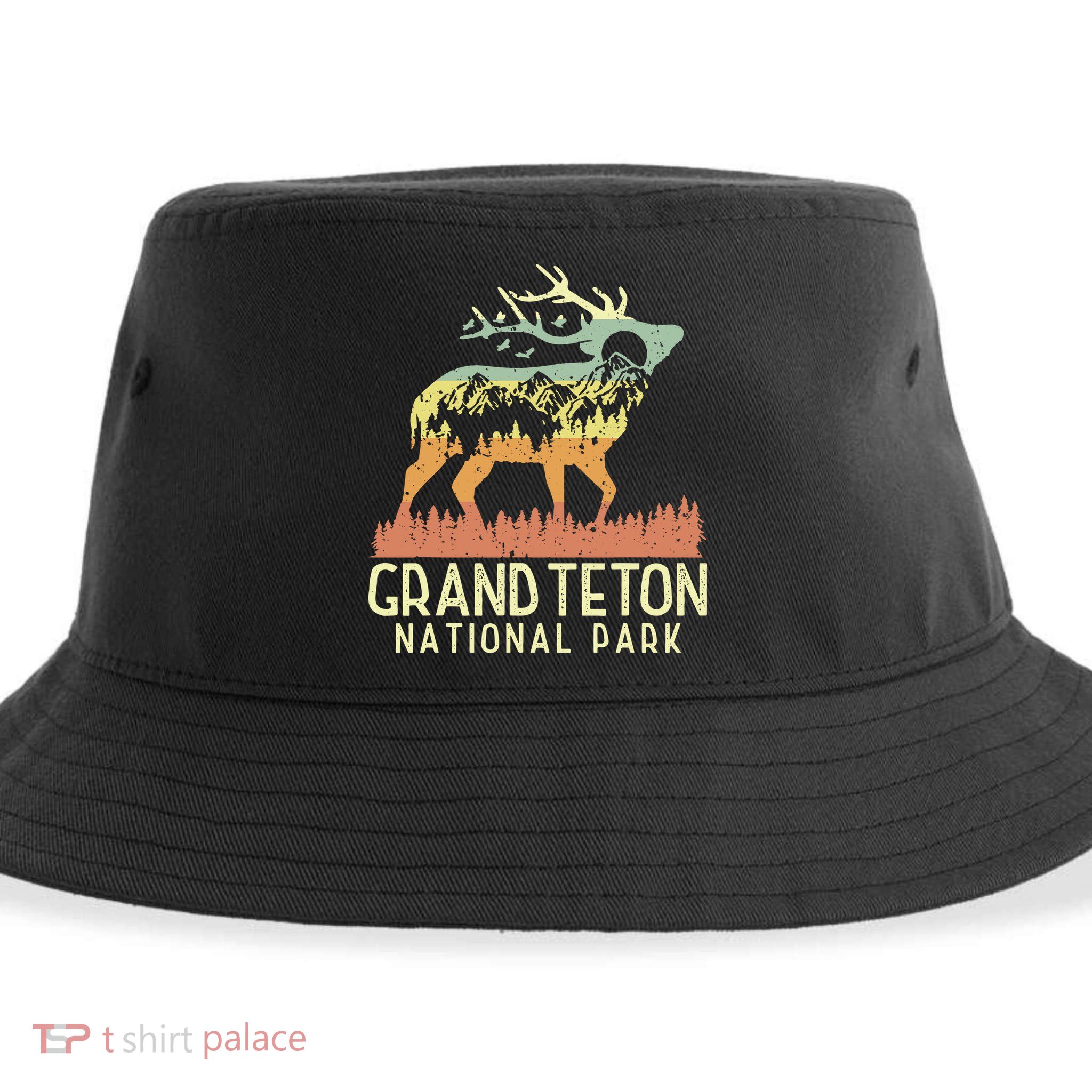 Grand Teton National Park Retro Mountain Vintage Elk Gift Sustainable Bucket Hat