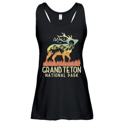 Grand Teton National Park Retro Mountain Vintage Elk Gift Ladies Essential Flowy Tank