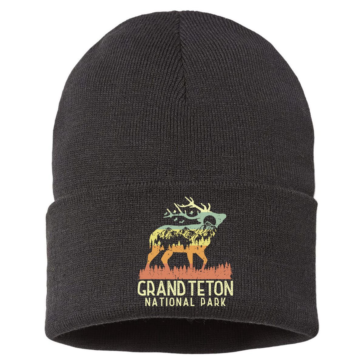 Grand Teton National Park Retro Mountain Vintage Elk Gift Sustainable Knit Beanie