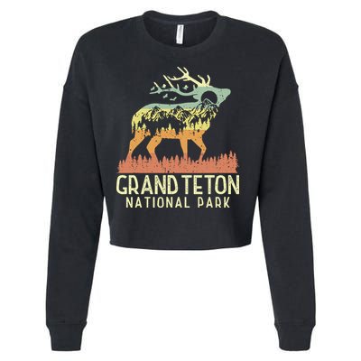 Grand Teton National Park Retro Mountain Vintage Elk Gift Cropped Pullover Crew