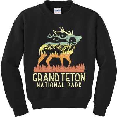 Grand Teton National Park Retro Mountain Vintage Elk Gift Kids Sweatshirt