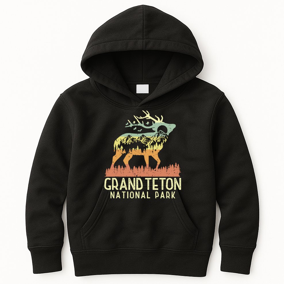 Grand Teton National Park Retro Mountain Vintage Elk Gift Kids Hoodie