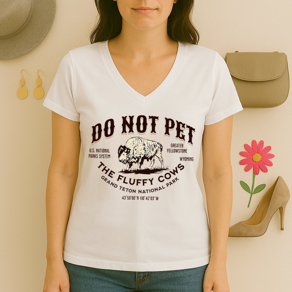 Grand Teton National Park Do Not Pet The Fluffy Cows Bison Women's V-Neck T-Shirt