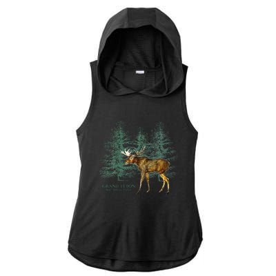 Grand Teton National Park Wyoming Moose Trees Vintage Look Ladies PosiCharge Tri-Blend Wicking Draft Hoodie Tank