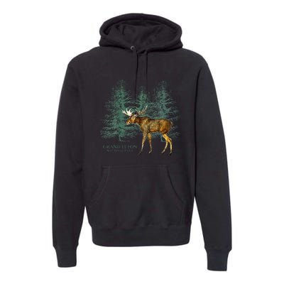 Grand Teton National Park Wyoming Moose Trees Vintage Look Premium Hoodie