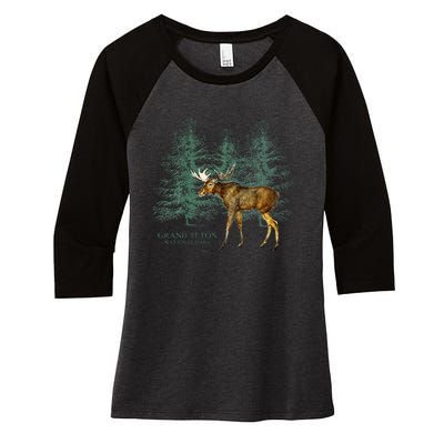 Grand Teton National Park Wyoming Moose Trees Vintage Look Women's Tri-Blend 3/4-Sleeve Raglan Shirt