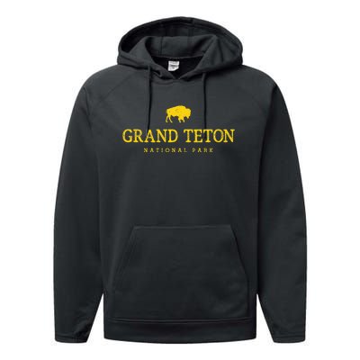 Grand Teton National Park Bison Vintage Hiking Souvenir Performance Fleece Hoodie