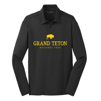 Grand Teton National Park Bison Vintage Hiking Souvenir Silk Touch Performance Long Sleeve Polo