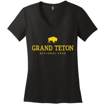 Grand Teton National Park Bison Vintage Hiking Souvenir Women's V-Neck T-Shirt