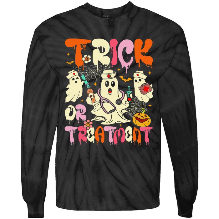 Groovy Trick Or Treatment Halloween Ghost Nurse Tie-Dye Long Sleeve Shirt