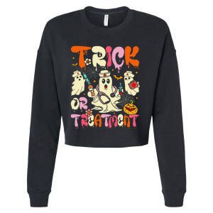 Groovy Trick Or Treatment Halloween Ghost Nurse Cropped Pullover Crew