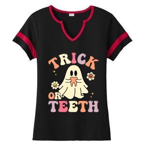 Groovy Trick Or Teeth Funny Dental Halloween Dentist Costume Gift Ladies Halftime Notch Neck Tee