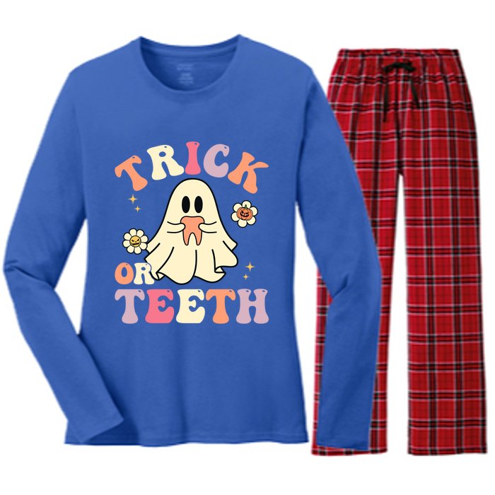 Groovy Trick Or Teeth Funny Dental Halloween Dentist Costume Gift Women's Long Sleeve Flannel Pajama Set 