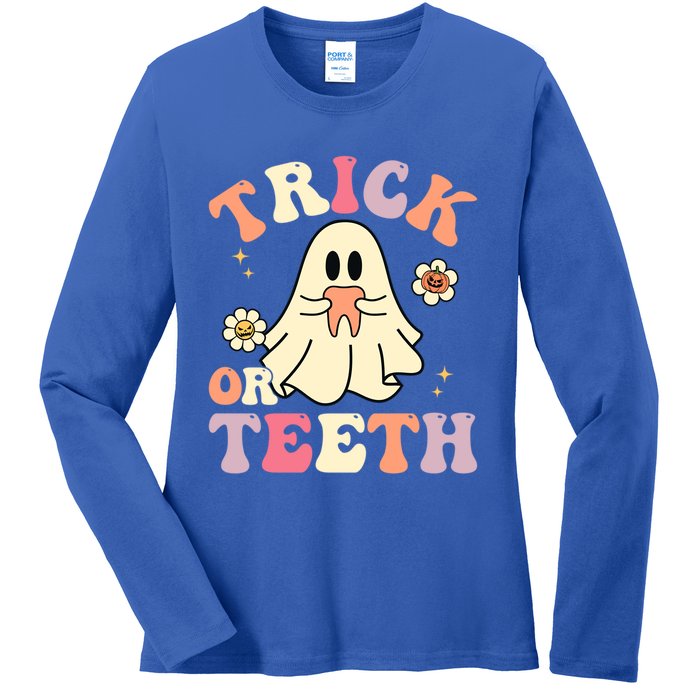 Groovy Trick Or Teeth Funny Dental Halloween Dentist Costume Gift Ladies Long Sleeve Shirt