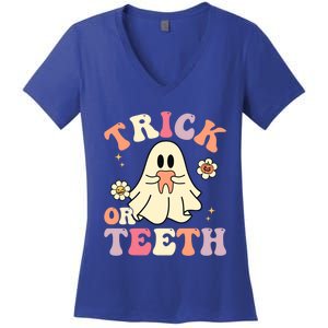 Groovy Trick Or Teeth Funny Dental Halloween Dentist Costume Gift Women's V-Neck T-Shirt