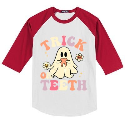 Groovy Trick Or Teeth Funny Dental Halloween Dentist Costume Gift Kids Colorblock Raglan Jersey