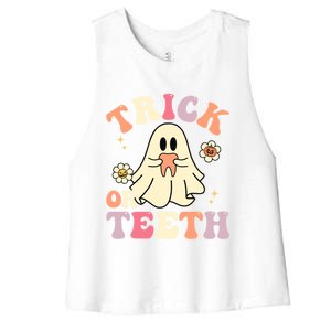 Groovy Trick Or Teeth Funny Dental Halloween Dentist Costume Gift Women's Racerback Cropped Tank