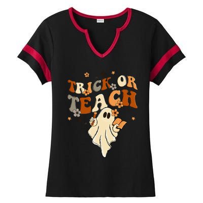 Groovy Trick Or Teach Halloween Teacher Life Retro Vintage Ladies Halftime Notch Neck Tee