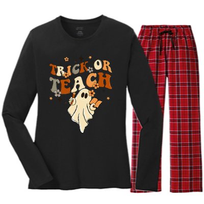 Groovy Trick Or Teach Halloween Teacher Life Retro Vintage Women's Long Sleeve Flannel Pajama Set 