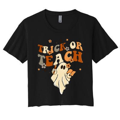 Groovy Trick Or Teach Halloween Teacher Life Retro Vintage Women's Crop Top Tee