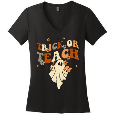 Groovy Trick Or Teach Halloween Teacher Life Retro Vintage Women's V-Neck T-Shirt