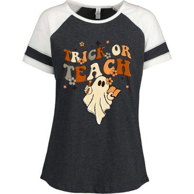 Groovy Trick Or Teach Halloween Teacher Life Retro Vintage Enza Ladies Jersey Colorblock Tee